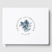 Blauw indigo waterverf bloemenlineart bruiloft gastenboek (Voorkant)