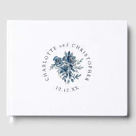 Blauw indigo waterverf bloemenlineart bruiloft gastenboek