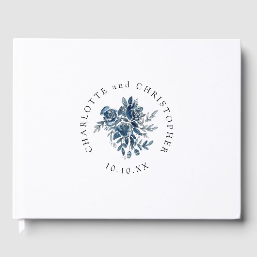 Blauw indigo waterverf bloemenlineart bruiloft gastenboek (Voorkant)