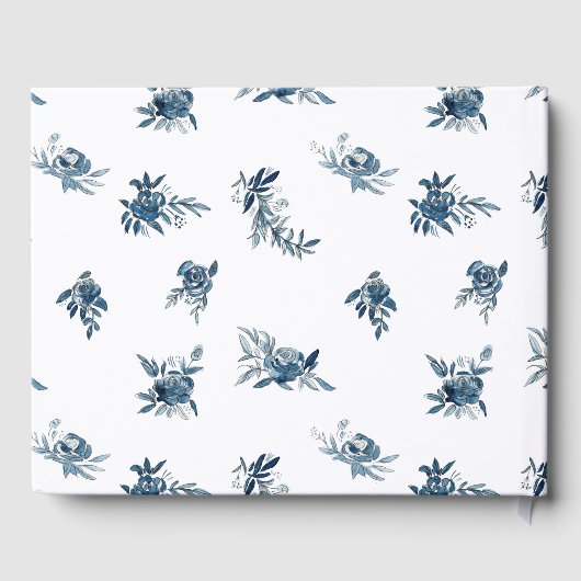 Blauw indigo waterverf bloemenlineart bruiloft gastenboek (Achterkant)