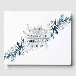 Blauw indigo waterverf bloemenlineart bruiloft gastenboek