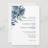 Blauw indigo waterverf bloemenlineart bruiloft kaart (Voorkant)