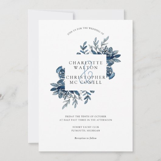 Blauw indigo waterverf bloemenlineart bruiloft kaart (Voorkant)