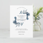 Blauw indigo waterverf bloemenlineart bruiloft kaart (Staand voorkant)