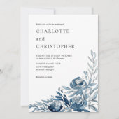 Blauw indigo waterverf bloemenlineart bruiloft kaart (Voorkant)