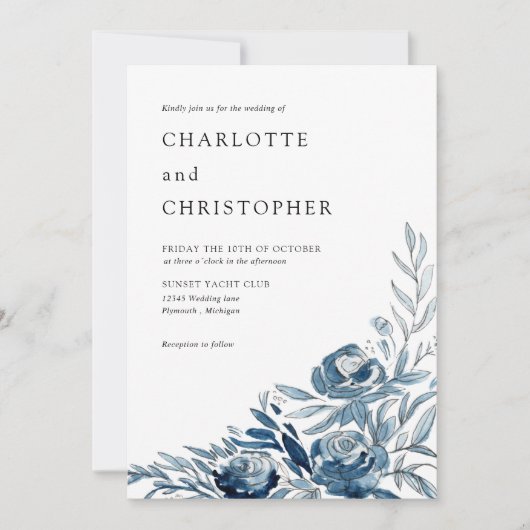 Blauw indigo waterverf bloemenlineart bruiloft kaart (Voorkant)