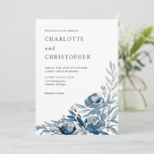 Blauw indigo waterverf bloemenlineart bruiloft kaart (Staand voorkant)