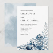 Blauw indigo waterverf bloemenlineart bruiloft kaart (Voorkant / Achterkant)