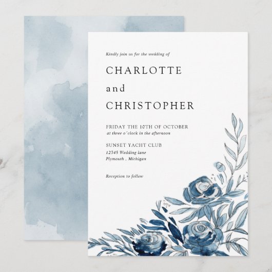 Blauw indigo waterverf bloemenlineart bruiloft kaart (Voorkant / Achterkant)