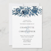 Blauw indigo waterverf bloemenlineart bruiloft kaart (Voorkant)