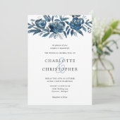 Blauw indigo waterverf bloemenlineart bruiloft kaart (Staand voorkant)