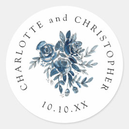 Blauw indigo waterverf bloemenlineart bruiloft ronde sticker