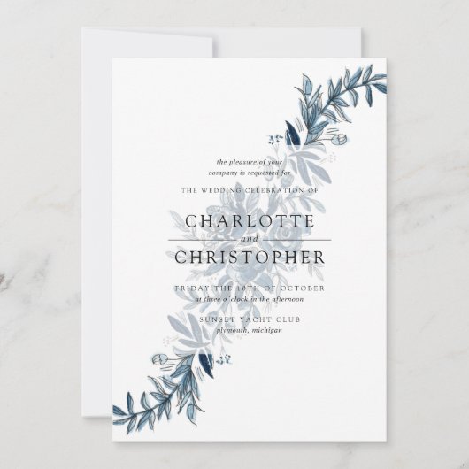 Blauw indigo waterverf bloemstuk bruiloft kaart (Voorkant)