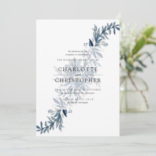 Blauw indigo waterverf bloemstuk bruiloft kaart (Staand voorkant)