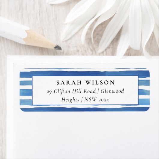 BLAUW INDIGO WATERVERF STRIPEN ADRES ETIKET (Insitu)