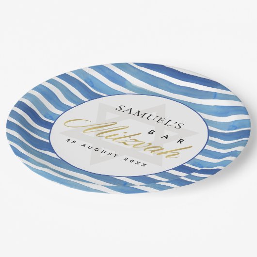 BLAUW INDIGO WATERVERF STRIPES BAR BBT MITZVAH PAPIEREN BORDJE (Gekanteld)