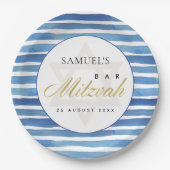 BLAUW INDIGO WATERVERF STRIPES BAR BBT MITZVAH PAPIEREN BORDJE (Voorkant)