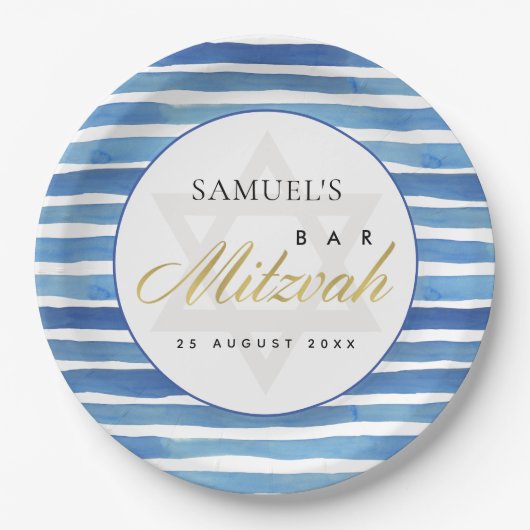 BLAUW INDIGO WATERVERF STRIPES BAR BBT MITZVAH PAPIEREN BORDJE (Voorkant)