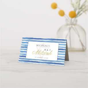BLAUW INDIGO WATERVERF STRIPES BAR BBT MITZVAH PLAATSKAARTJE