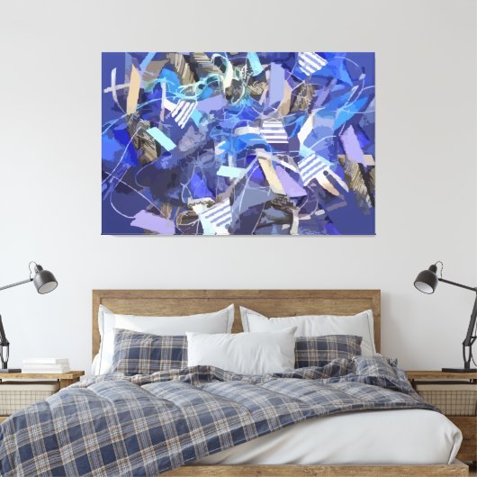 Blauw indigo wit grijs abstract geometrische strep canvas afdruk (Insitu (Slaapkamer))