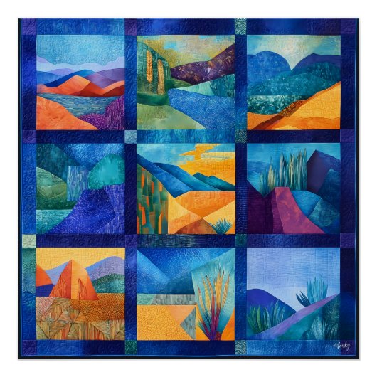 Blauw ingelijst Desert Art Grid - Kleurrijke geome Perfect Poster (Voorkant)