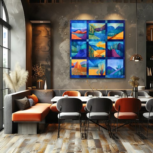 Blauw ingelijst Desert Art Grid - Kleurrijke geome Perfect Poster