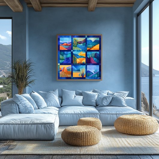 Blauw ingelijst Desert Art Grid - Kleurrijke geome Perfect Poster