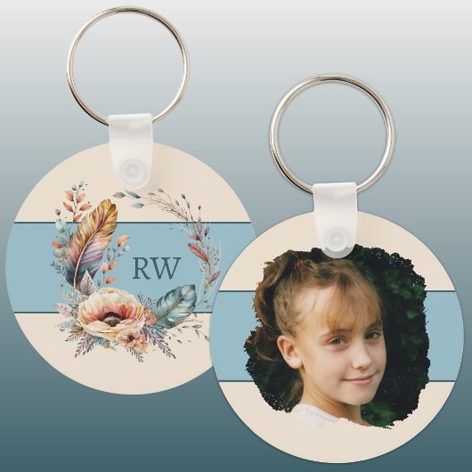 Blauw initiaal bloemenfoto toevoegen sleutelhanger