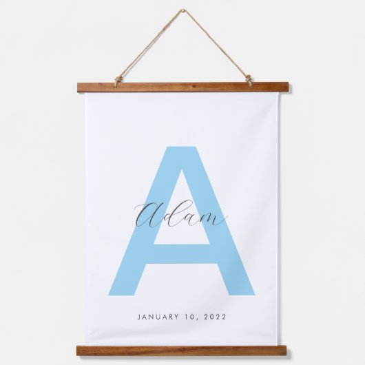 Blauw Initiaal naam gepersonaliseerd Hangend Wandkleed (Voorkant)