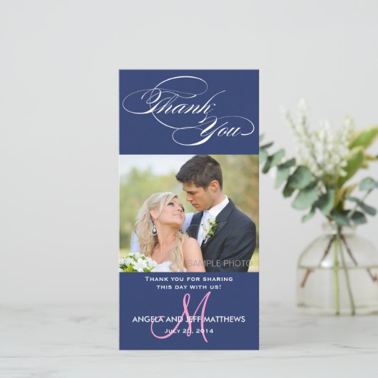 BLAUW INITIAAL SCRIPT BRUILOFT BEDANKT FOTOKAART (Staand voorkant)