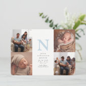 Blauw initiaal vier fotocollage geboorte aankondiging (Staand voorkant)