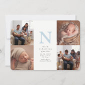 Blauw initiaal vier fotocollage geboorte aankondiging (Voorkant)