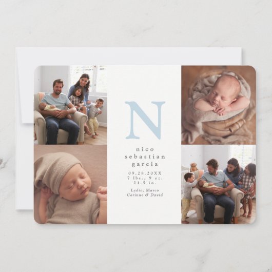 Blauw initiaal vier fotocollage geboorte aankondiging (Voorkant)
