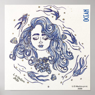 Blauw inktportret van dame en oceaan. Afdrukken. Poster