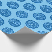 Blauw inpakpapier meertalige Vredeswoorden. (Hoek)