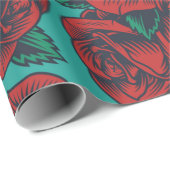 Blauw Inpakpapier met Rode Rozen (Rol Hoek)