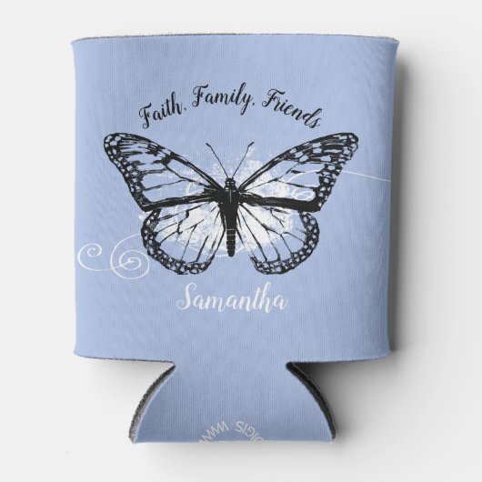 Blauw Inspirerend Monarch Vlinder Monogram Blikjeskoeler (Voorkant)