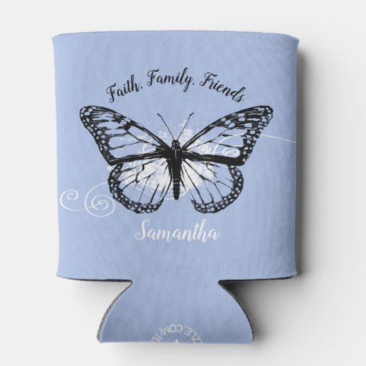 Blauw Inspirerend Monarch Vlinder Monogram Blikjeskoeler (Achterkant)