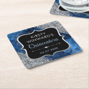 Blauw Iridiserend Zeemeermin Letters Quinceanera Kartonnen Onderzetters