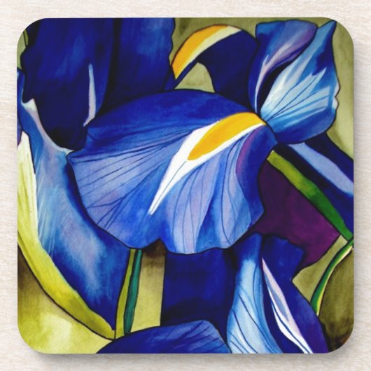 Blauw Iris bloemschilderij, originele waterverf Bier Onderzetter (Voorkant)