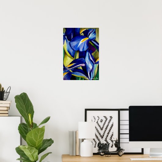 Blauw Iris bloemschilderij, originele waterverf Poster (Thuiskantoor)