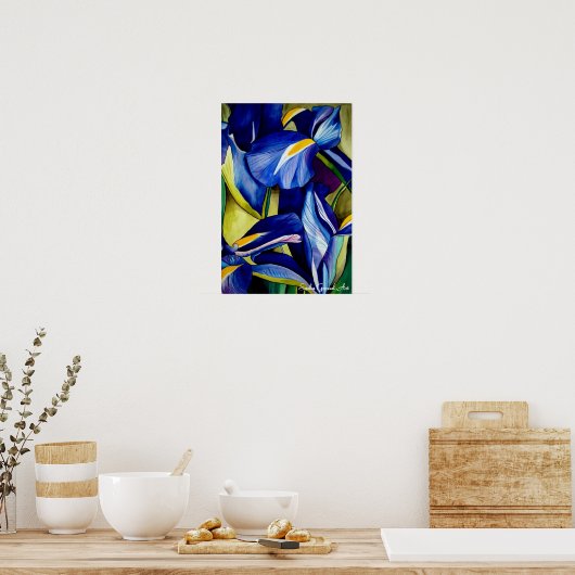 Blauw Iris bloemschilderij, originele waterverf Poster (Keuken)