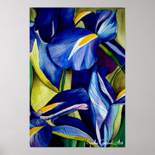 Blauw Iris bloemschilderij, originele waterverf Poster