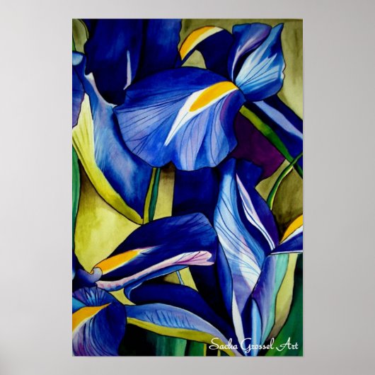 Blauw Iris bloemschilderij, originele waterverf Poster (Voorkant)