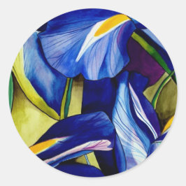 Blauw Iris bloemschilderij, originele waterverf Ronde Sticker
