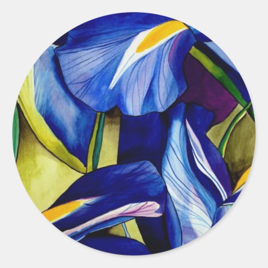 Blauw Iris bloemschilderij, originele waterverf Ronde Sticker (Voorkant)