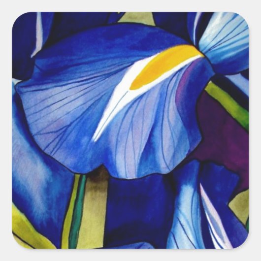 Blauw Iris bloemschilderij, originele waterverf Vierkante Sticker (Voorkant)