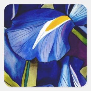 Blauw Iris bloemschilderij, originele waterverf Vierkante Sticker