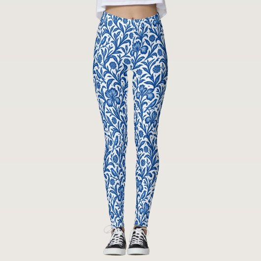 Blauw Iris Botanisch Patroon Vintage Leggings (Voorkant)