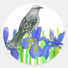 Blauw Iris Flower Grey Vogel Waterverf Kunst Ronde Sticker